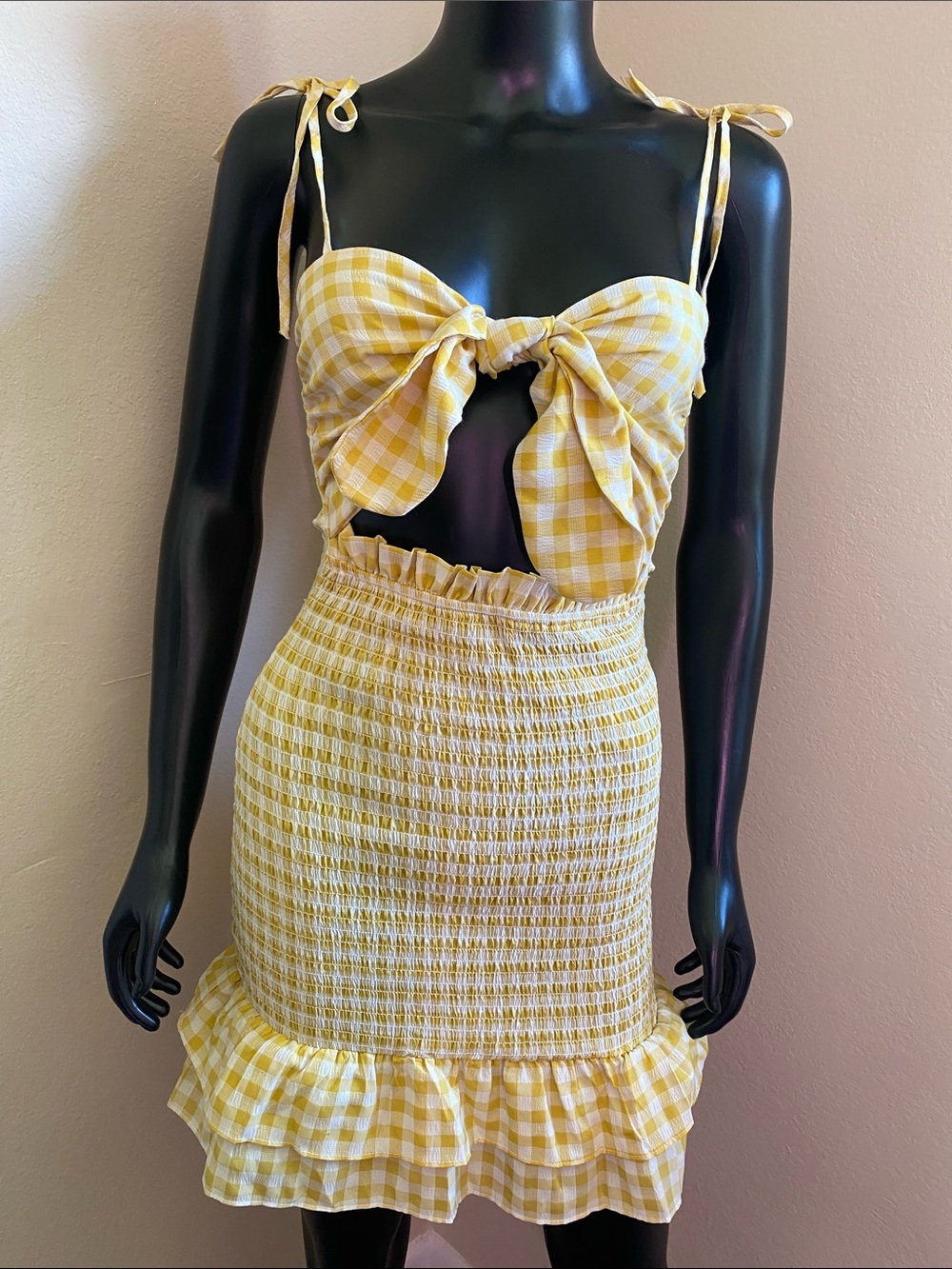 MABLE Yellow and white Gingham Dress with Tie Detail